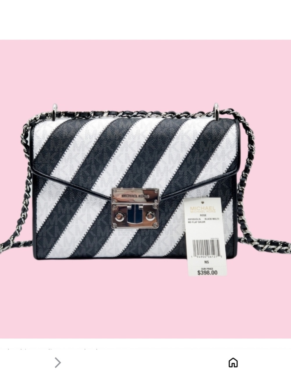 Michael Kors Black and White Diagonal Stripe Crossbody with Chain Strap